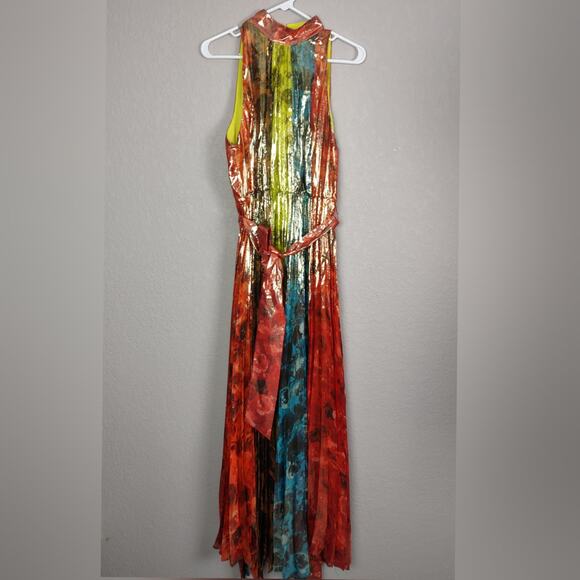 ALICE + OLIVIA Mertie Mock Neck Pleated Silk-Blend Maxi Striped Dress Size 8 - Picture 15 of 16